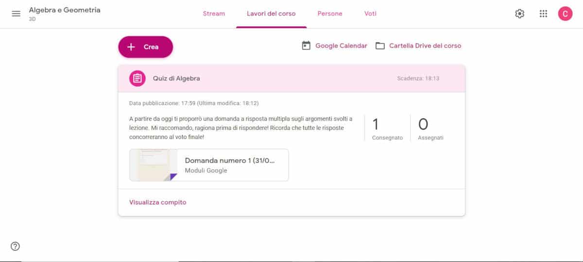 come usare Google Classroom sezione Lavori del corso