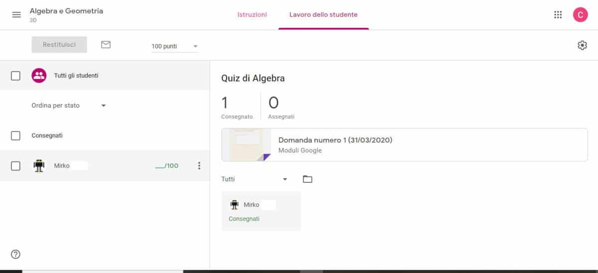 come usare Google Classroom sezione Lavoro dello studente