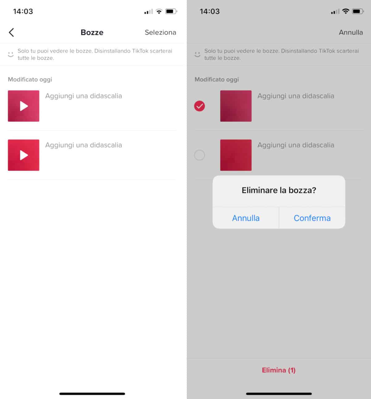come salvare e recuperare le bozze su TikTok eliminazione
