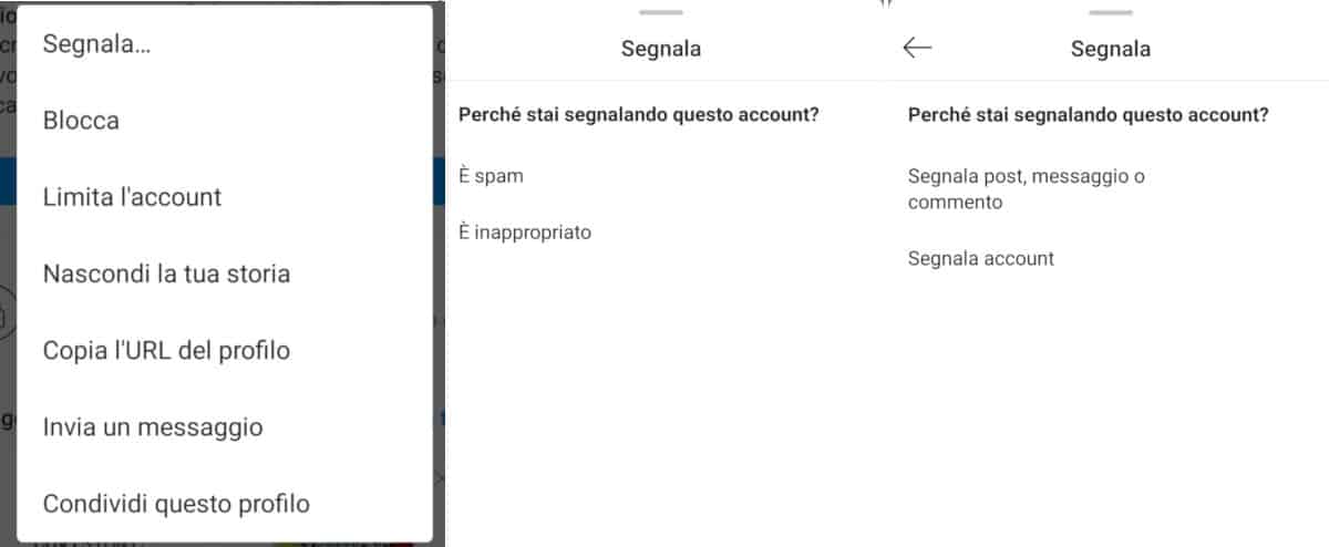 segnalare un account Instagram opzione Segnala app