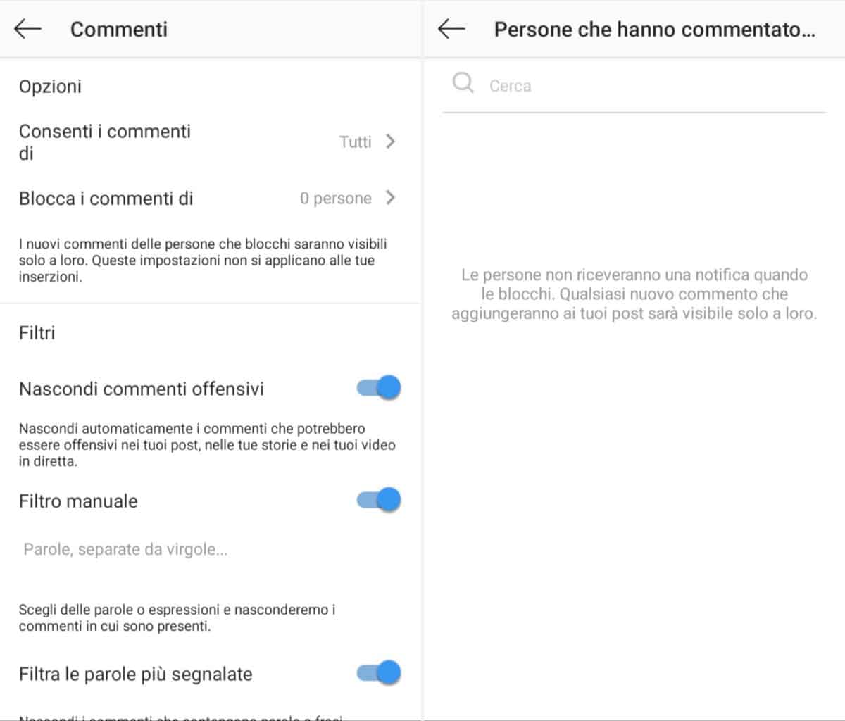 bloccare i messaggi su Instagram blocco commenti