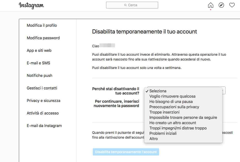 come eliminare un secondo profilo Instagram disattivazione temporanea