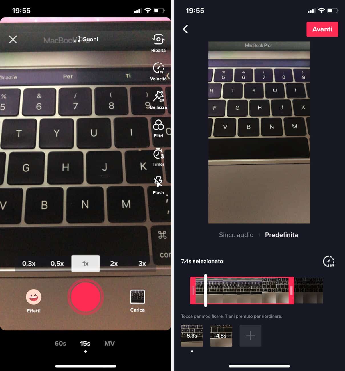 modificare i video su TikTok caricamento e ritaglio