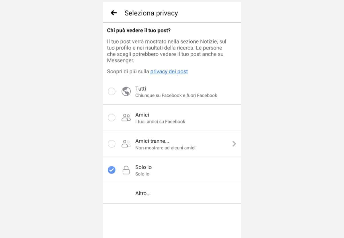 nascondere i post su Instagram opzioni privacy post Facebook