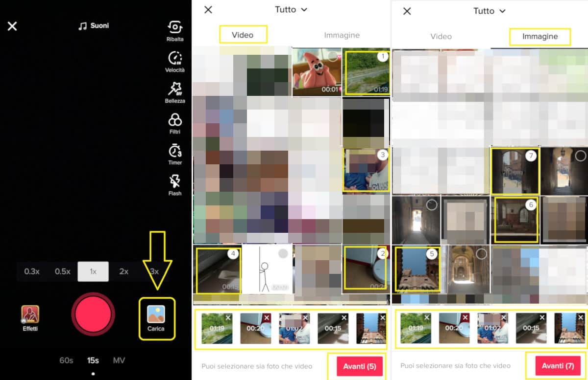 unire video TikTok caricamento multiplo foto e video