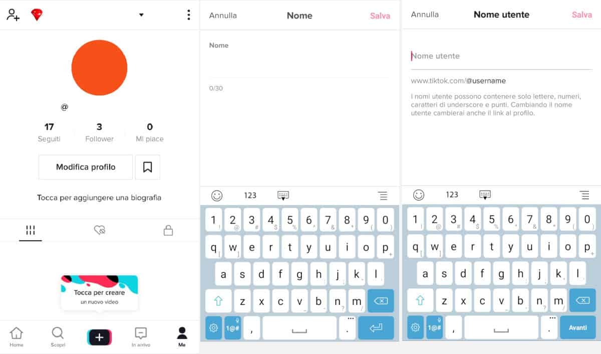 cambiare nome su TikTok opzioni di modifica nome e username