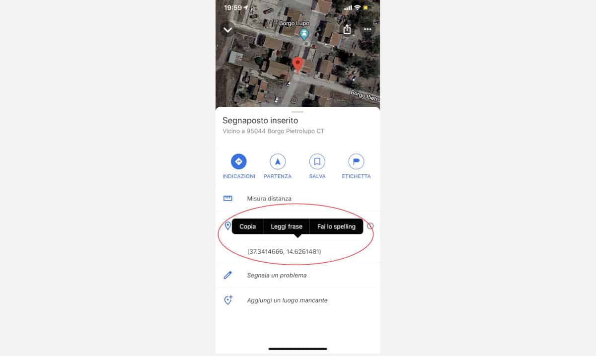 trovare le coordinate di un luogo con app Google Maps