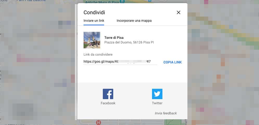 trovare le coordinate di un luogo condivisione Google Maps