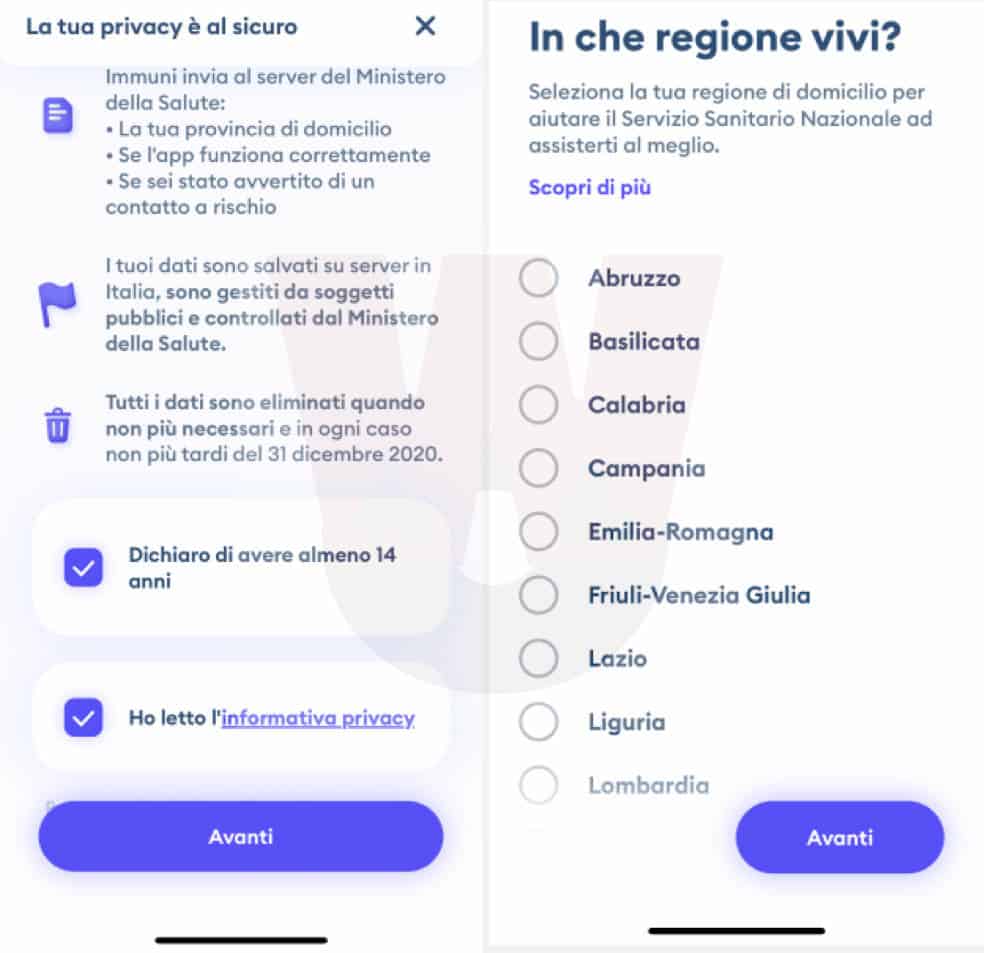 configurazione iniziale app Immuni