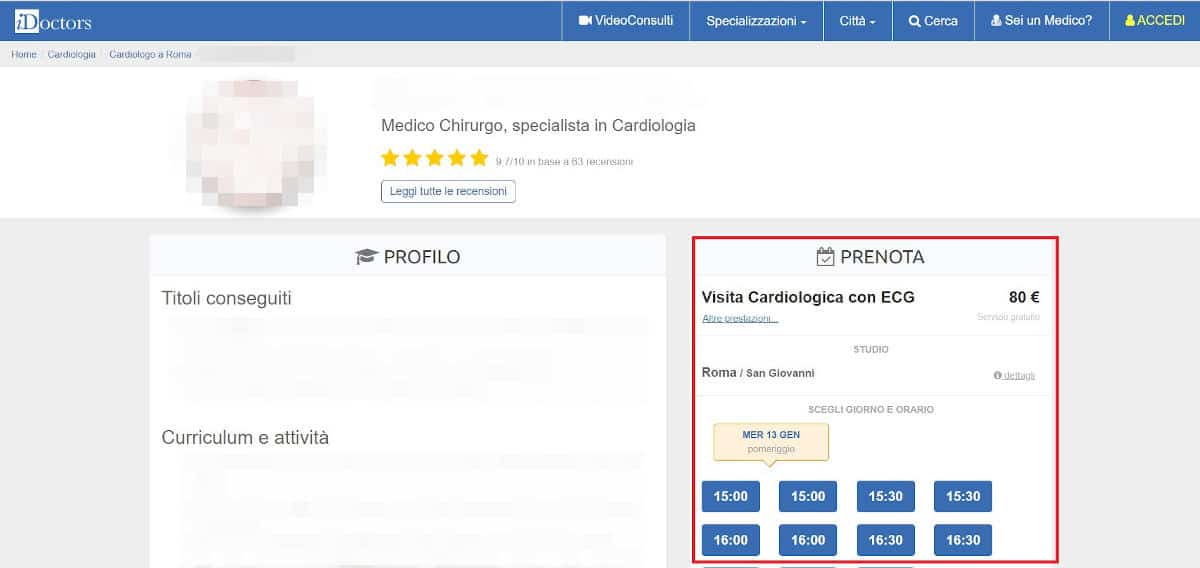 esempio prenotazione visita ambulatoriale iDoctors profilo dottore