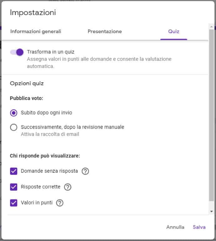 opzione Trasforma in un quiz Google Moduli