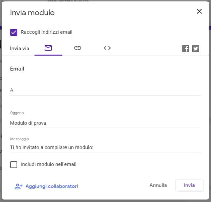 raccolta indirizzo email invio Google Moduli