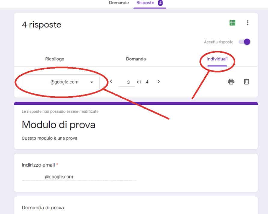 visualizzazione risposte individuali Google Moduli