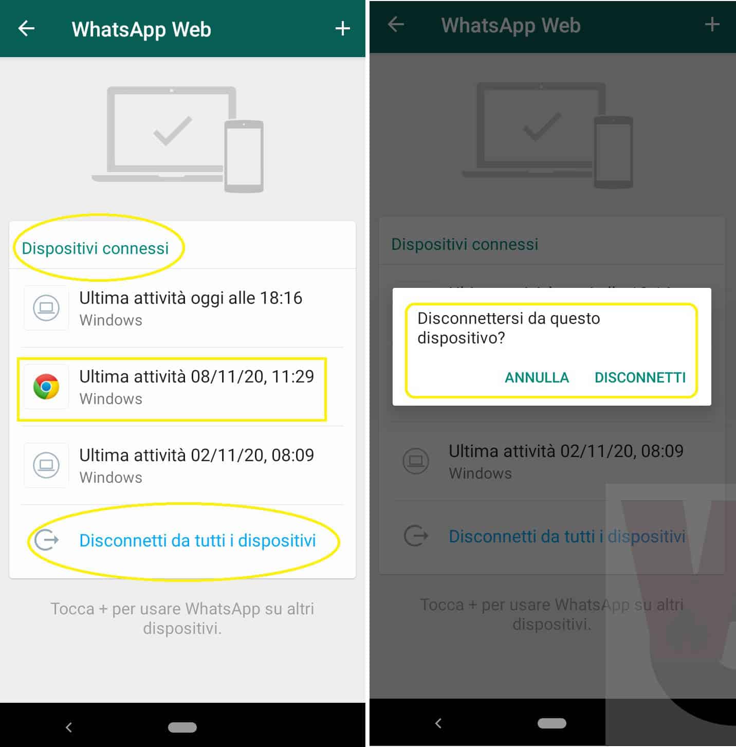 uscire da WhatsApp Web Desktop usando app mobile