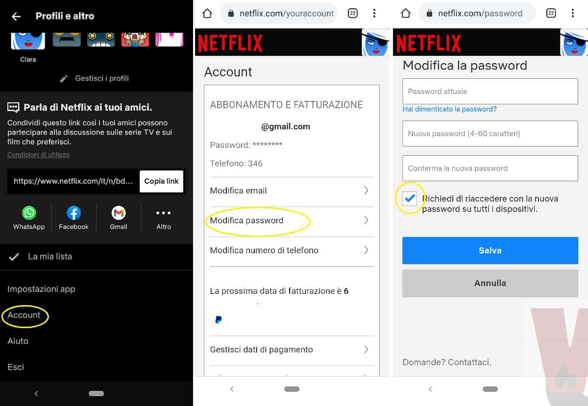 modifica password Netflix da app