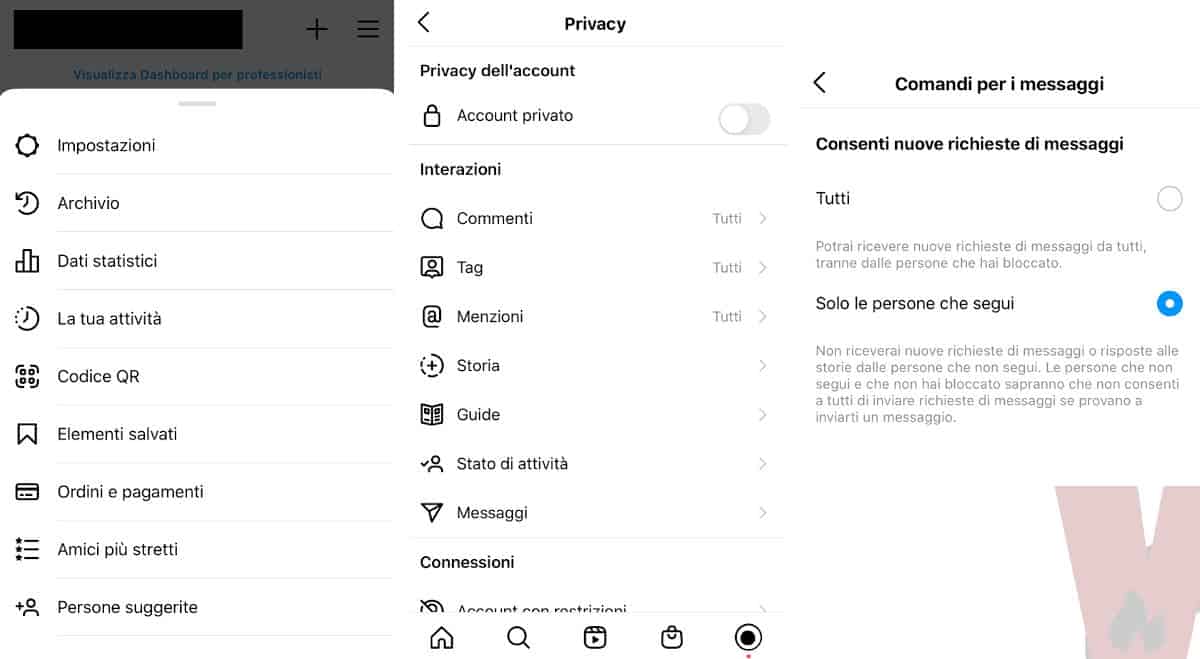 blocco messaggi da sconosciuti Instagram app