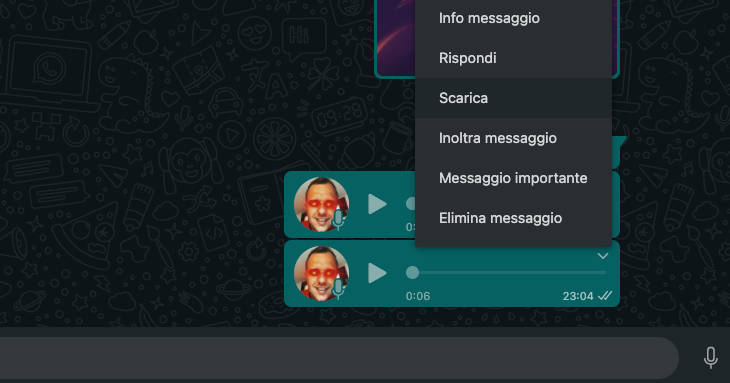 scaricare note vocali WhatsApp Web o Desktop PC opzione Scarica