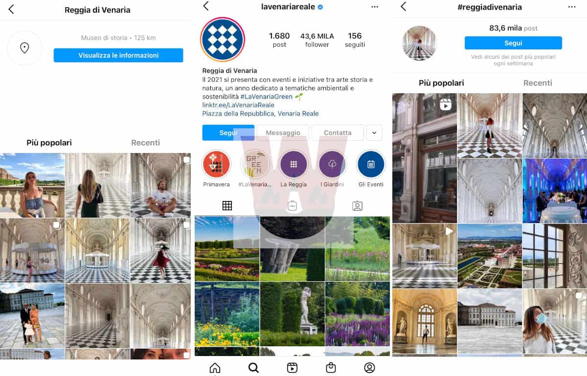 vedere storie di luoghi e hashtag Instagram esempio Reggia Venaria