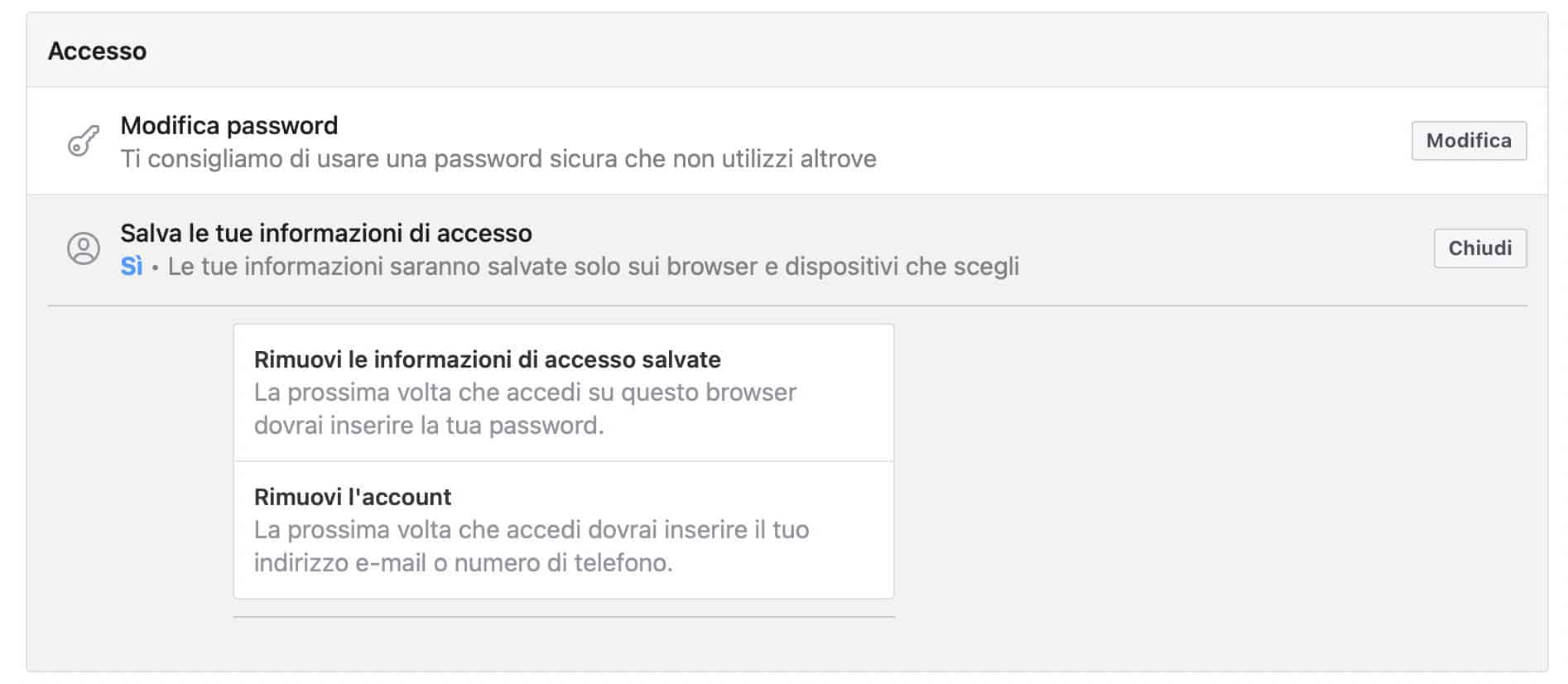 rimuovere accesso veloce Facebook browser