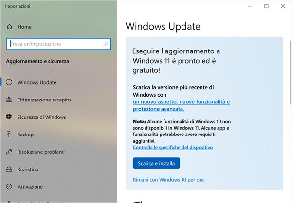 aggiornamento a Windows 11 da Windows Update