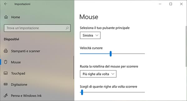 aumentare velocità mouse windows 10