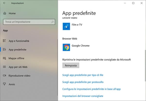 impostare browser web predefinito windows 10