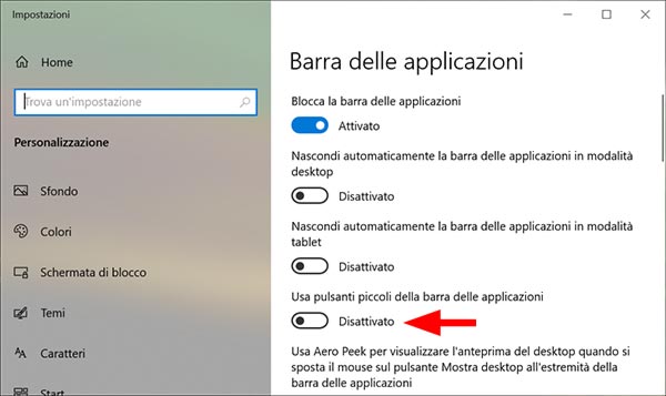 modifica dimensione icone barra applicazioni Windows 10