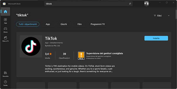 Installare app di TikTok su Windows