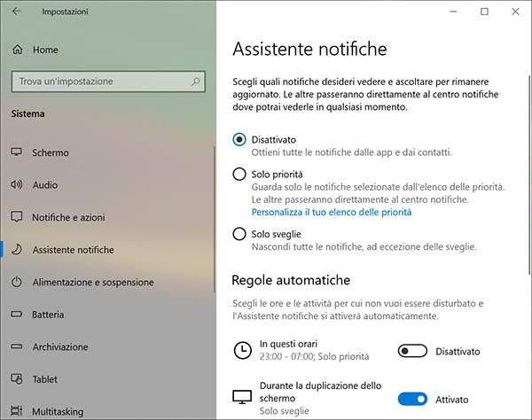 abilitare Assistente notifiche su Windows 10