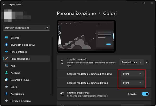 modalità colori personalizzata windows 11