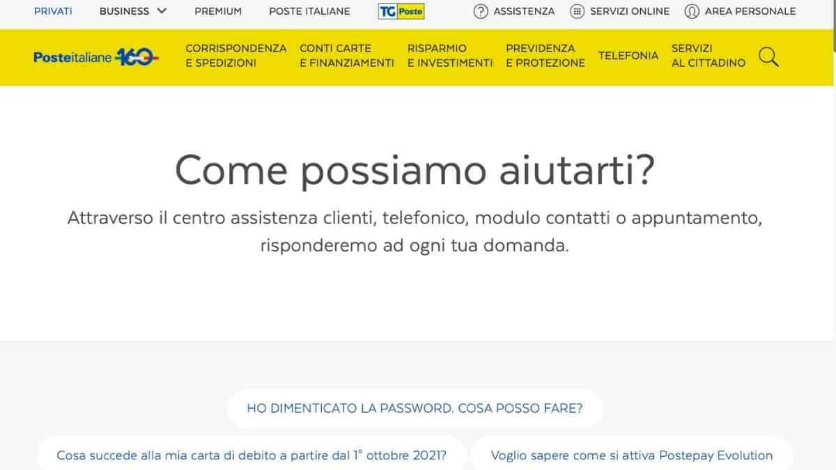 Home page assistenza clienti PostePay