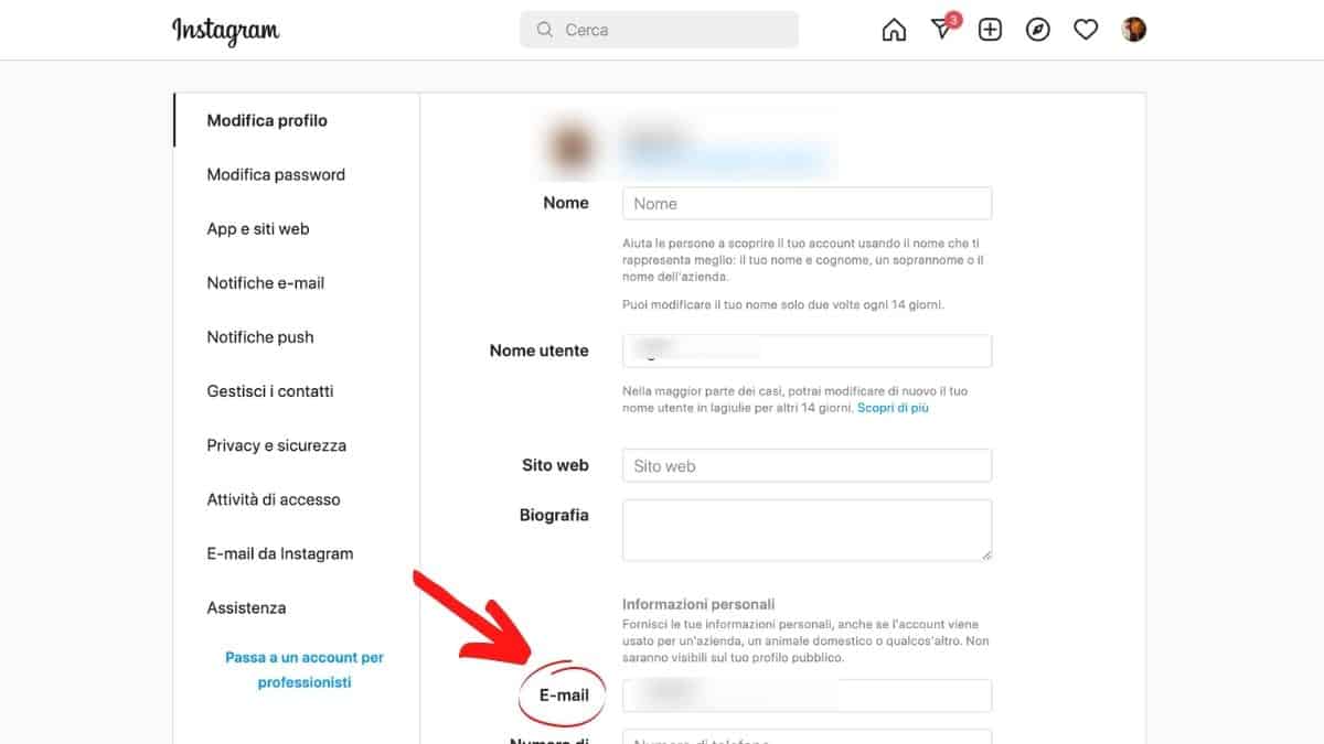 Procedimento per modificare email Instagram da Web