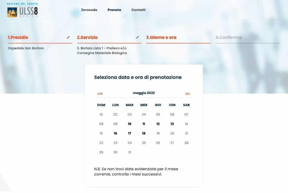 Selezione ora e data della prestazione