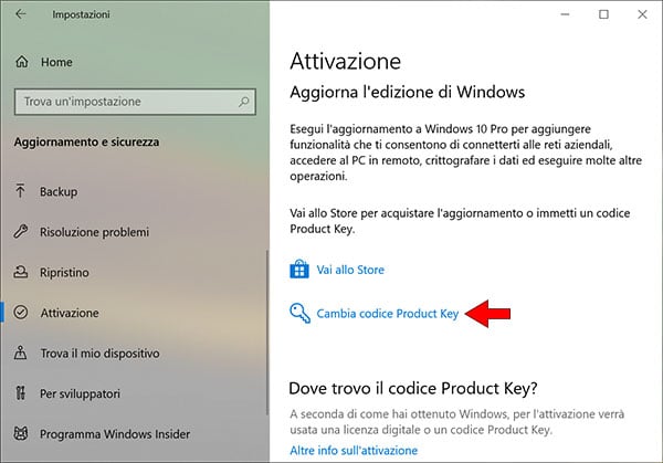 cambia codice product key windows 10