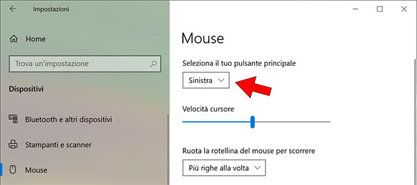 configurare il mouse per mancini windows 10