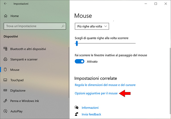 opzioni aggiuntive mouse windows 10