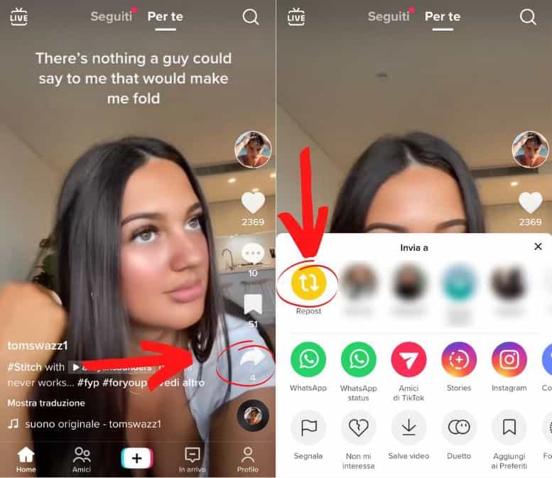 Come ripostare un video su TikTok con il tasto Repost Come ripostare un video su TikTok con il tasto Repost