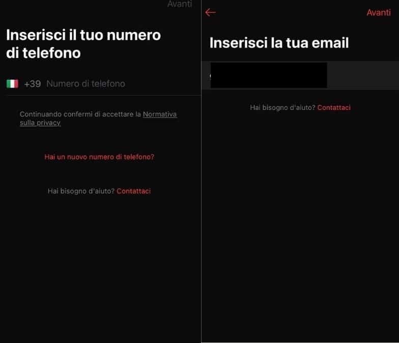 Inserimento numero di telefono e email per Satispay