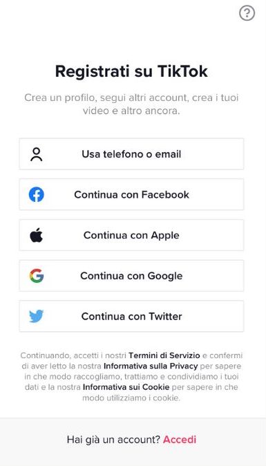 Metodi di registrazione su app TikTok