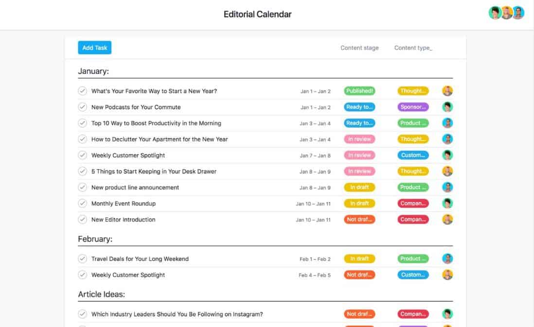 Calendario editoriale Asana