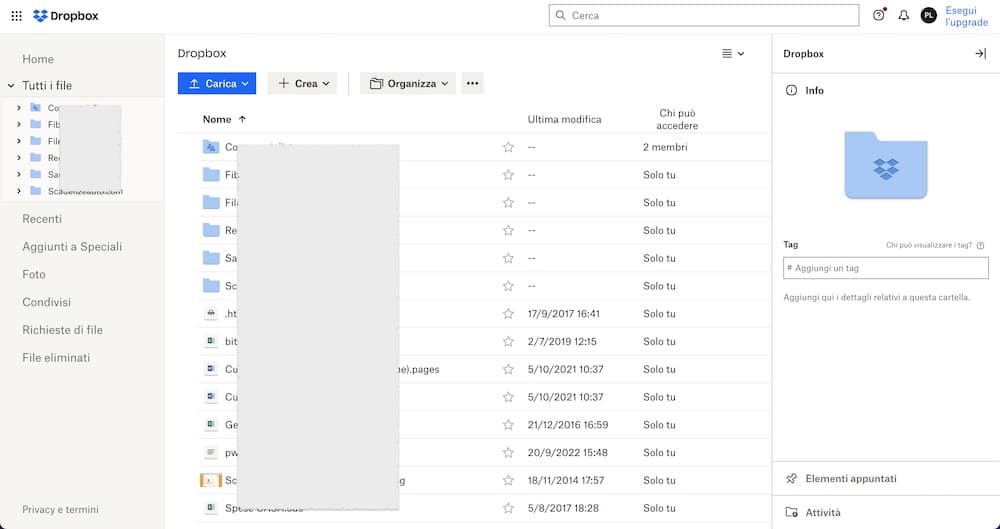 Schermata cartelle di Dropbox